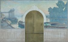 Esquisse pour la salle de mariages de la mairie d'Asnières : Paysage. Péniches sur la..., c.1900. Creator: Henri Marius-Camille Bouvet