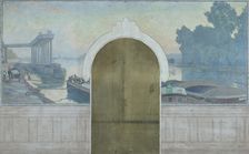 Esquisse pour la salle de mariages de la mairie d'Asnières : Paysage. Péniches sur la..., c.1900. Creator: Henri Marius-Camille Bouvet