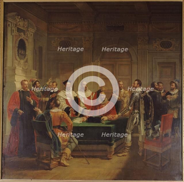 Esquisse pour l'ancien Hôtel de Ville de Paris : Brissac négociant auprès des échevins..., c.1827. Creator: Jean-Baptiste Messier.