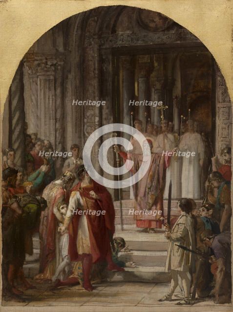 Esquisse pour l'église Saint-Ambroise: Saint Ambroise interdit l'entrée du lieu saint à..., c.1873. Creator: Jules Eugene Lenepveu.