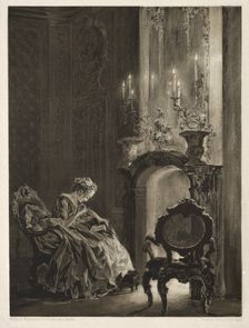 Essay on Stone with Brush and Scraper: Woman Reading at the Fireside, 1851. Creator: Adolph von Menzel (German, 1815-1905)