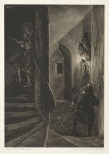 Essay on Stone with Brush and Scraper: Chase on the Winding Staircase, 1851. Creator: Adolph von Menzel (German, 1815-1905)