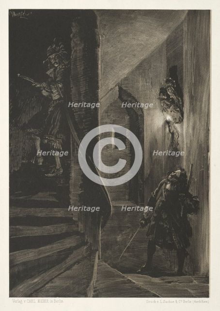 Essay on Stone with Brush and Scraper: Chase on the Winding Staircase, 1851. Creator: Adolph von Menzel (German, 1815-1905).