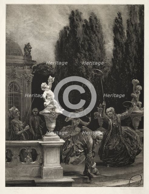 Essay on Stone with Brush and Scraper: Playing at Hoops on the Castle Terrace, 1851. Creator: Adolph von Menzel (German, 1815-1905).