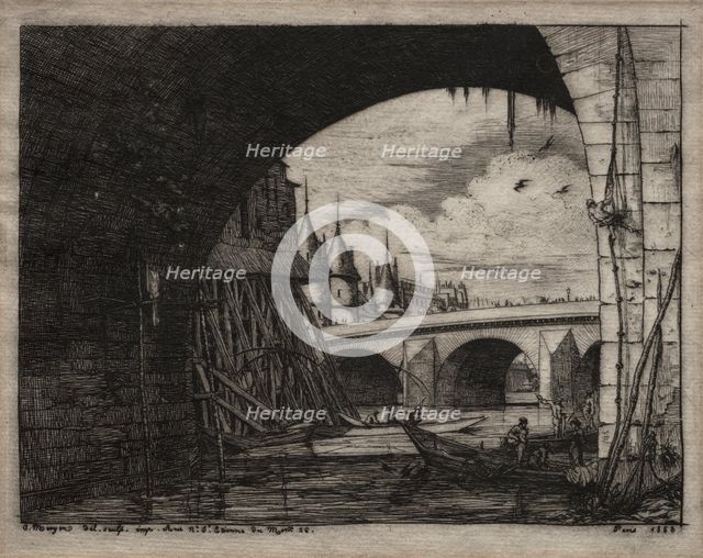 Etchings of Paris: An Arch of the Notre Dame Bridge, 1853. Creator: Charles Meryon (French, 1821-1868).