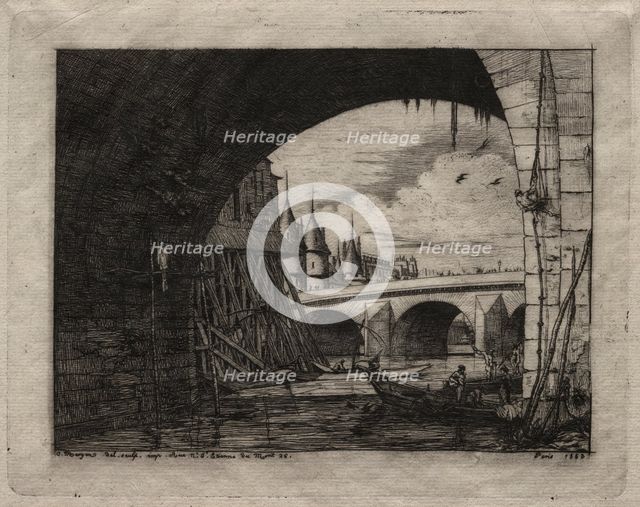 Etchings of Paris: An Arch of the Notre Dame Bridge, 1853. Creator: Charles Meryon (French, 1821-1868).