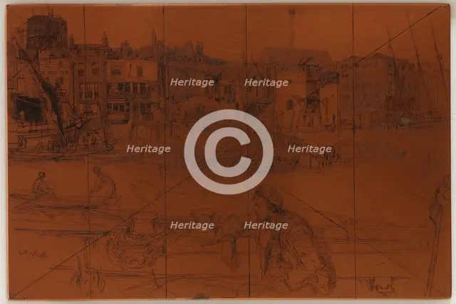 Etching plate: Black Lion Wharf, 1859. Creator: James Abbott McNeill Whistler.