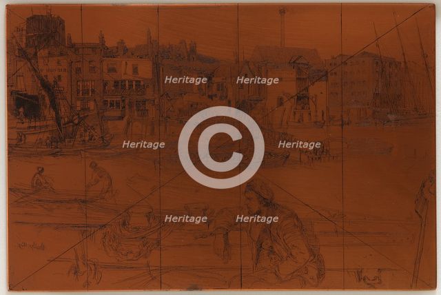 Etching plate: Black Lion Wharf, 1859. Creator: James Abbott McNeill Whistler.