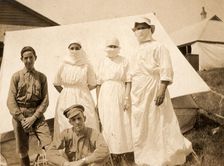 Ethel Newland and fellow nurses and military, c1918. Creator: Unknown