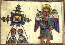 Ethopian prayer book showing an angel with a sword and two men, possibly priests, 19th century. Artist: Anon