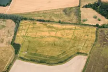 Etonbury deserted medieval settlement showing as a crop mark, near Arlesey, Bedfordshire, 2018. Creator: Damian Grady