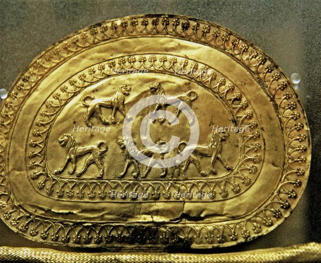 Etruscan chest with gold leafs, scene with several lions.