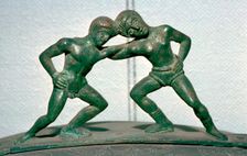 Etruscan bronze handle of a cista, showing Peleus and Thetis wrestling