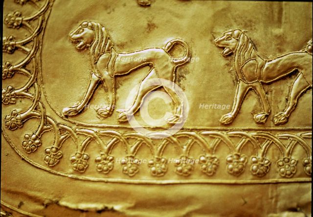 Etruscan gold fibula decorated with five lions, from the Regolini Galassi tomb, detail of the low…