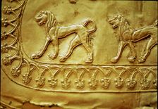 Etruscan gold fibula decorated with five lions, from the Regolini Galassi tomb, detail of the low…