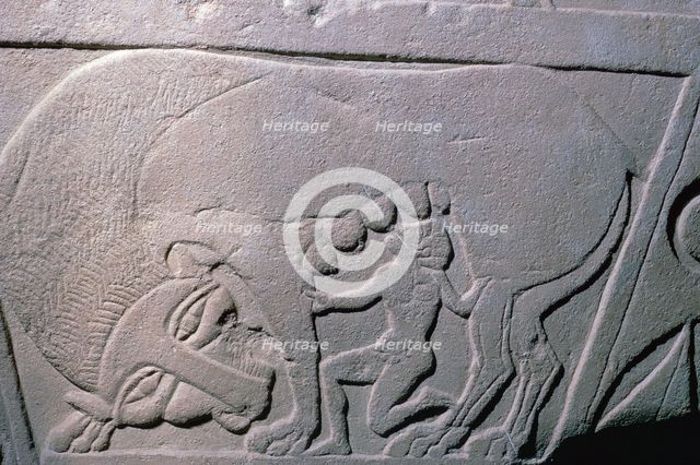 Etruscan grave-slab showing a man being suckled by a beast, 5th century. Artist: Unknown