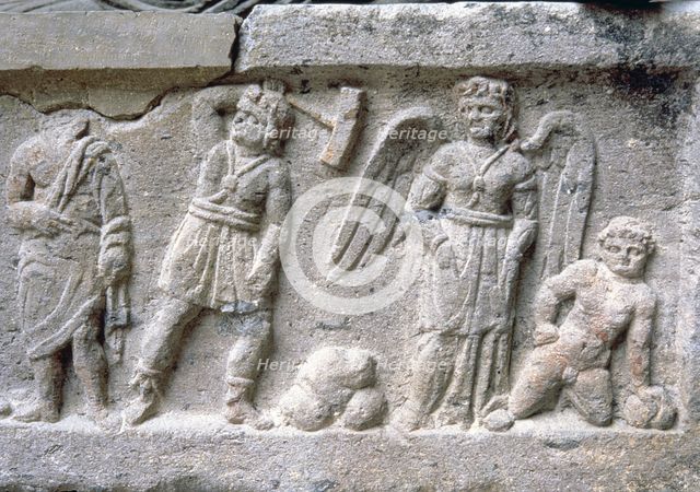 Etruscan stone sarcophagus with reliefs of Eastern influence, with various characters including a…