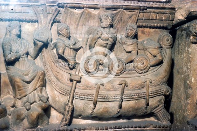 Etruscan Relief on funerary Urn, Odysseus (Ulysses) bound to mast with Sirens, c4th century BC. Artist: Unknown.