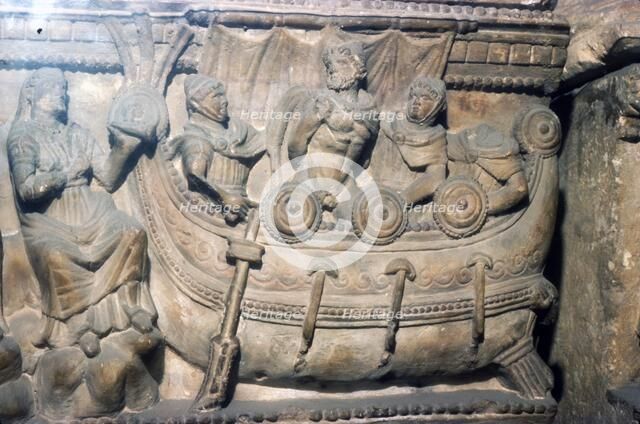 Etruscan Relief on funerary Urn, Odysseus (Ulysses) bound to mast with Sirens, c4th century BC. Artist: Unknown.