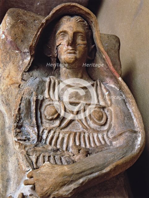 Etruscan terracotta sarcophagus with the image of the deceased, detail.
