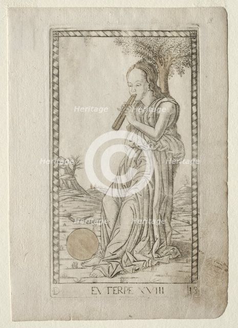 Euterpe (music, lyric poetry) (from the Tarocchi series D..., before 1467. Creator: Master of the E-Series Tarocchi (Italian, 15th century).