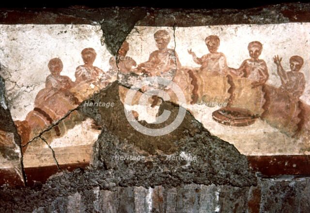 Eucharistic banquet, fresco from the catacombs of St. Callistus in Rome.