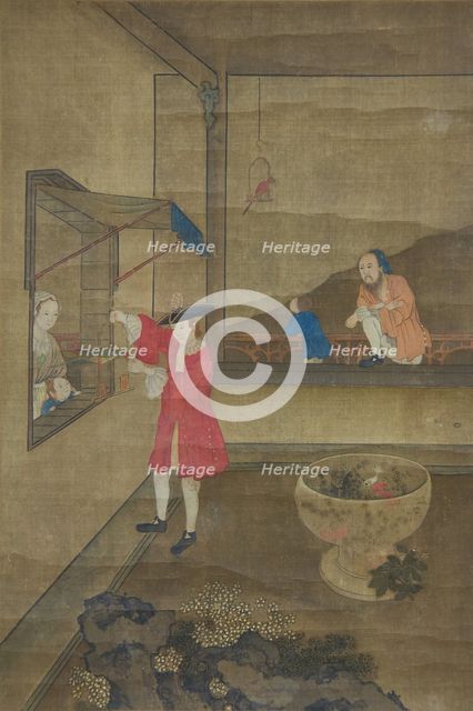 European Couple and Child Playing with Parrot, 18th century. Creator: Unknown.
