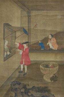 European Couple and Child Playing with Parrot, 18th century. Creator: Unknown