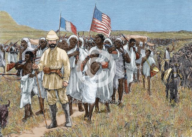 European-American expedition exploring the Unyoro area on the African continent, 1880.  Creator: Unknown.