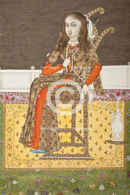 European Woman Seated on a Terrace Smoking a Venetian Style Water Pipe..., between c1760 and c1775. Creator: Follower of Mir Kalan Khan.