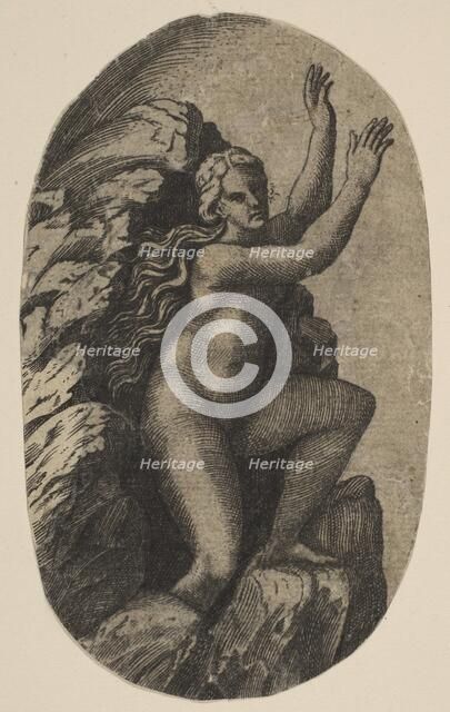 Eurydice naked standing on a rock, her arms raised to the right, ca. 1515-27. Creator: Marco Dente.