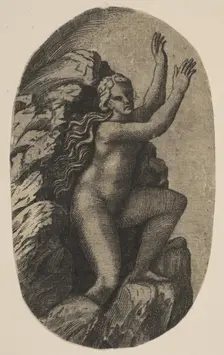 Eurydice naked standing on a rock, her arms raised to the right, ca. 1515-27. Creator: Marco Dente