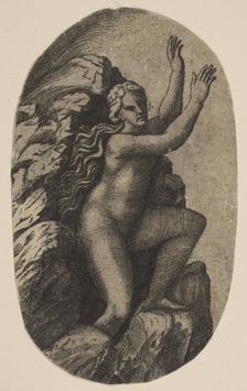 Eurydice naked standing on a rock, her arms raised to the right, ca. 1515-27. Creator: Marco Dente