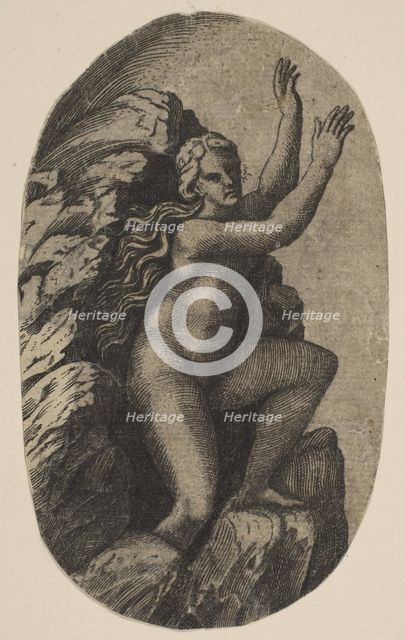 Eurydice naked standing on a rock, her arms raised to the right, ca. 1515-27. Creator: Marco Dente.