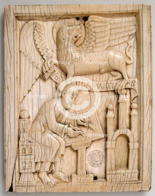 Evangelist Saint Mark writing the Gospel with his symbol, the Lion, holding a scroll, German, 11th c Creator: Unknown.