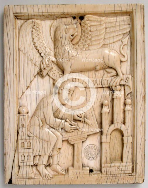 Evangelist Saint Mark writing the Gospel with his symbol, the Lion, holding a scroll, German, 11th c Creator: Unknown.