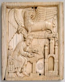 Evangelist Saint Mark writing the Gospel with his symbol, the Lion, holding a scroll, German, 11th c Creator: Unknown