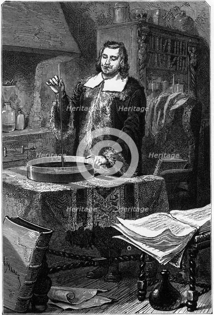 Evangelista Torricelli, Italian physicist, inventing the mercury barometer, 1643 (1873). Artist: Unknown