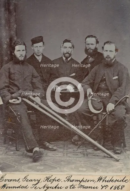 Evans, Geary, Hope, Thompson, Whiteside, wounded Te Ngutu o te Manu 1868,  c.1900. Creator: William Francis Gordon.