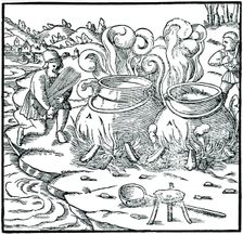 Evaporating sea water in iron pots to obtain salt, 1556. Creator: Unknown