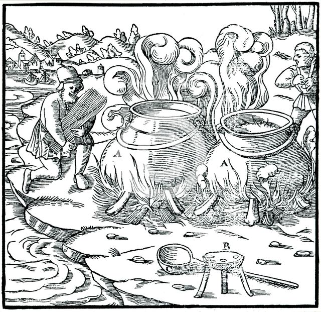 Evaporating sea water in iron pots to obtain salt, 1556. Creator: Unknown.