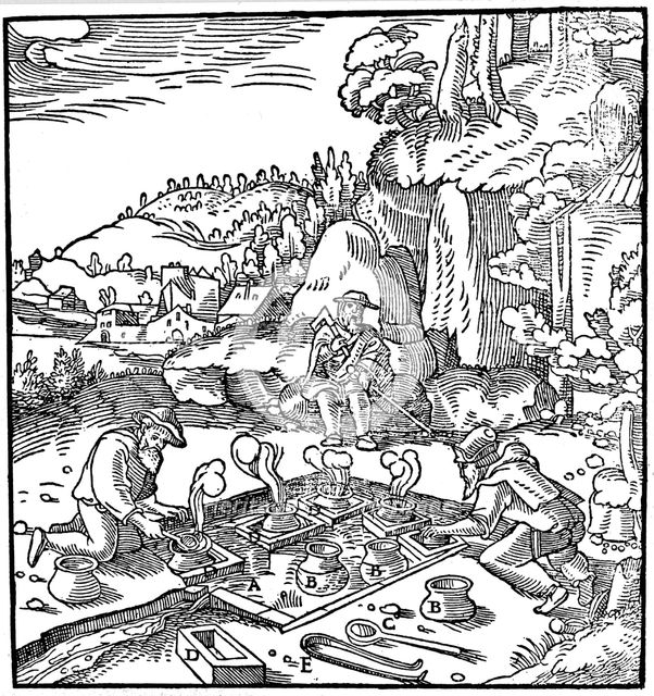 Evaporating pots of brine in a natural hot spring to obtain salt, 1556. Artist: Unknown