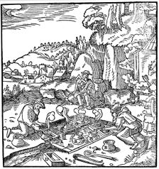 Evaporating pots of brine in a natural hot spring to obtain salt, 1556