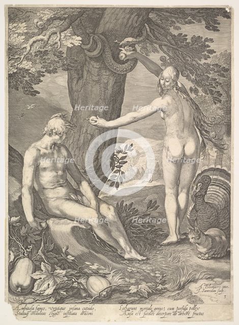 Eve Giving Adam the Forbidden Fruit; from "The Story of Adam and Eve". Creator: Jan Saenredam.