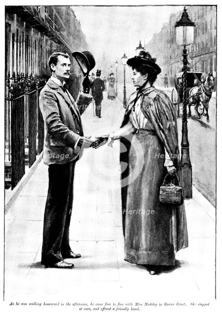Eve's Ransom...he came face to face with Miss Madeley...She...offered a friendly hand, 1895. Creator: George Meisenbach.