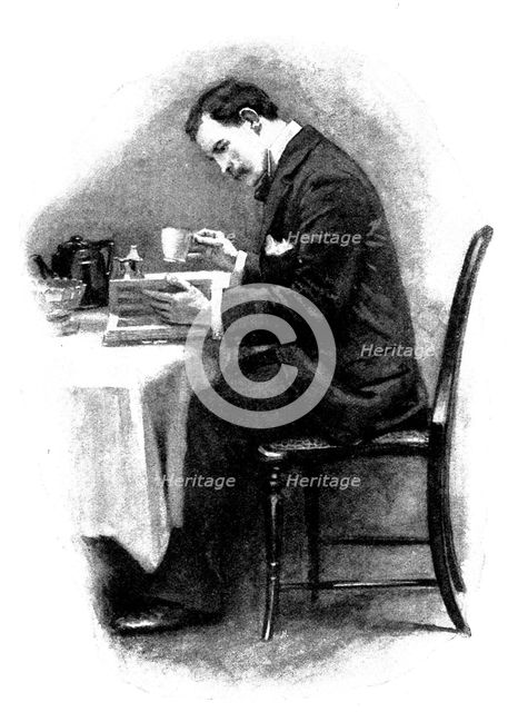 Eve's Ransom...Unclasping the volume, he opened immediately at this familiar face, 1895. Creator: George Meisenbach.