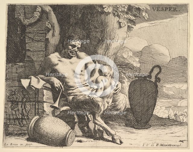 Evening: a seated satyr clasps his child, a figure hangs a garland on a pier beyond, f..., ca. 1640. Creator: Charles le Brun.
