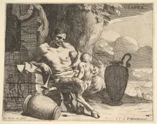 Evening: a seated satyr clasps his child, a figure hangs a garland on a pier beyond, f..., ca. 1640. Creator: Charles le Brun