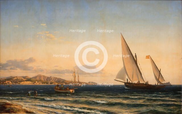 Evening by the Mediterranean; In the background Marseilles and oen If, 1854. Creator: Emanuel Larsen.