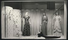 Evening dresses in a shop window, Landskrona, Sweden, 1940